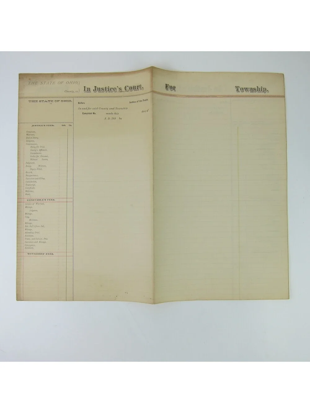 1880s Ohio Court Record Form Blank Justice, Constable, Witness Fees Antique RARE